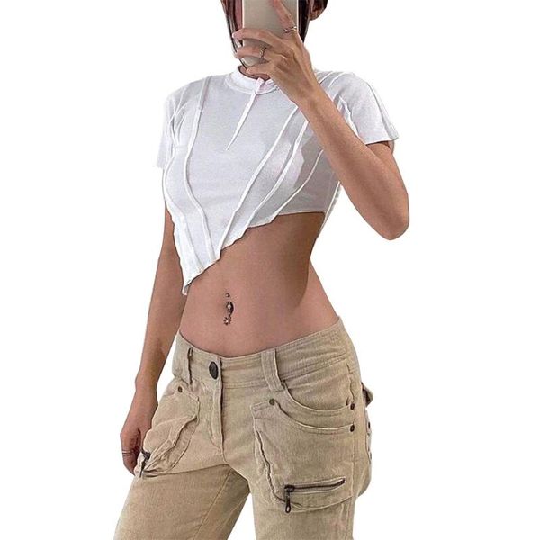 women's t-shirt women summer short sleeve o-neck crop punk ripped ruched striped bodycon cutout irregular hem slim tee shirt s, White
women's t-shirt women summer short sleeve o-neck crop punk ripped ruched striped bodycon cutout irregular hem slim tee shirt s, White