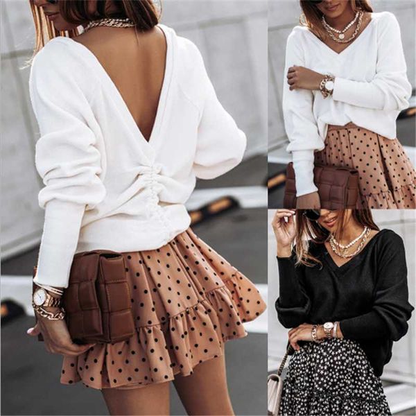 women's t-shirt featured loose v neck backless ruffled solid color autumn winter street hipster ladies casual tee, White
women's t-shirt featured loose v neck backless ruffled solid color autumn winter street hipster ladies casual tee, White