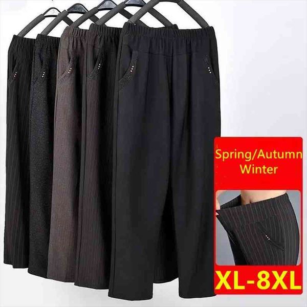 middle-aged female trousers spring autumn elastic waist casual pants winter warm velvet plus size 8xl women straight pants, Black;white