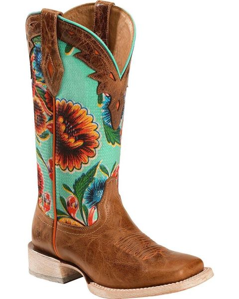 boots floral textile circuit cowgirl - square toe, Black