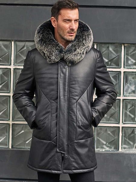 men's leather & faux mens cowhide coat genuine down jacket with fur collar hooded winter overcoat long warm outwear, Black
men's leather & faux mens cowhide coat genuine down jacket with fur collar hooded winter overcoat long warm outwear, Black