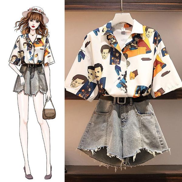 women 2021 summer two-piece sets female print short sleeve shirt and high waist wide leg denim shorts new casual 2pcs suits b27, Gray
women 2021 summer two-piece sets female print short sleeve shirt and high waist wide leg denim shorts new casual 2pcs suits b27, Gray