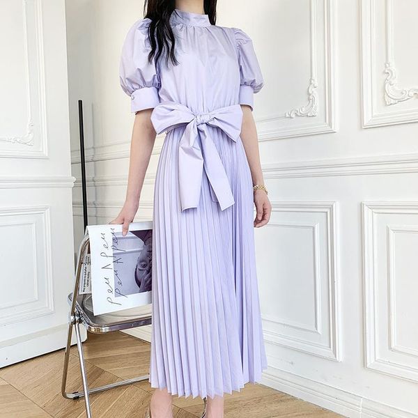 party dresses women stand collar pleated midi dress 2021 summe puff sleeve bowknot lace-up waist long holiday, White;black
party dresses women stand collar pleated midi dress 2021 summe puff sleeve bowknot lace-up waist long holiday, White;black