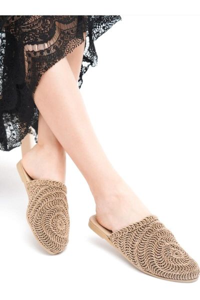 slippers women tan straw braid, Black
