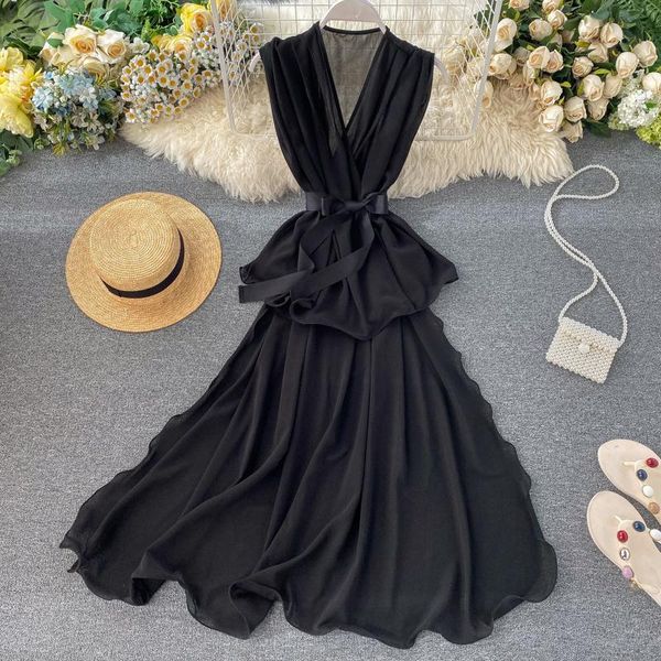women soild v neck ruffles irregular chiffon blouses summer sashes sleeveless chiffon jumper, White
women soild v neck ruffles irregular chiffon blouses summer sashes sleeveless chiffon jumper, White