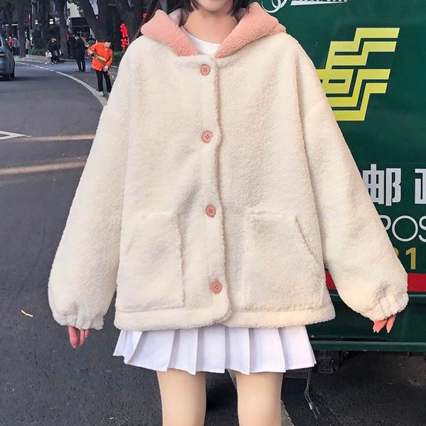 women's wool & blends 2021 autumn lambswool single-breasted coats kawaii lolita teddy ears hooded soft girl faux jackets female parke, Black
women's wool & blends 2021 autumn lambswool single-breasted coats kawaii lolita teddy ears hooded soft girl faux jackets female parke, Black