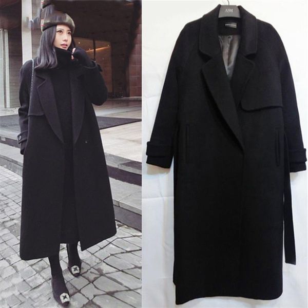 women's wool & blends spring autumn winter casual blend trench coat oversize long with belt women cashmere outerwear, Black
women's wool & blends spring autumn winter casual blend trench coat oversize long with belt women cashmere outerwear, Black