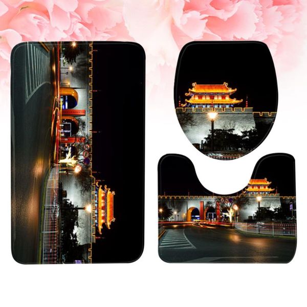 1 set of bathroom mats 3d nocturne printing anti-slip washroom carpet mat toilet seat lid cover (75x45cm)