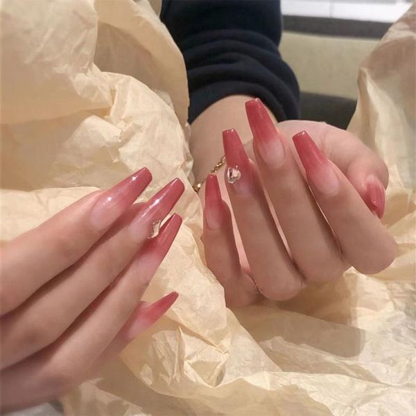 false nails gradient long fake press on french tips with 1sheet /24pcs white transparent nail glue sticker, Red;gold
