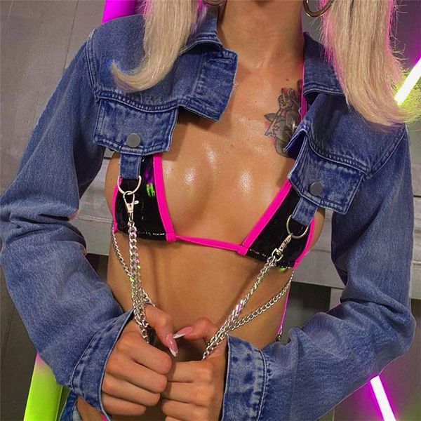 women's jackets ladies fashion jacket halter chain denim spring and autumn ultra-short street style sacket, Black;brown
women's jackets ladies fashion jacket halter chain denim spring and autumn ultra-short street style sacket, Black;brown