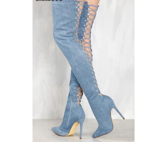 boots cross-tied pointed toe denim long fashion women over the knee high cowboy blue thin heels botas, Black
boots cross-tied pointed toe denim long fashion women over the knee high cowboy blue thin heels botas, Black