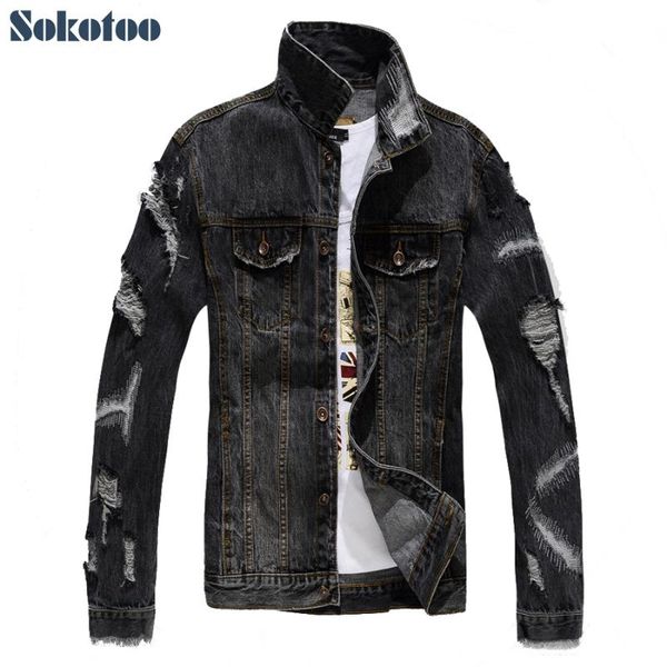 men's jackets sokotoo casual holes ripped denim jacket slim gray black patch distressed torn jean coat, Black;brown
men's jackets sokotoo casual holes ripped denim jacket slim gray black patch distressed torn jean coat, Black;brown