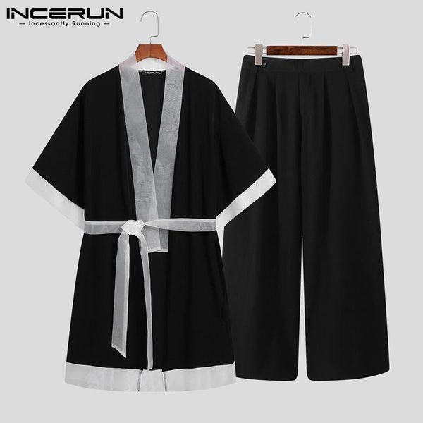 men's sleepwear 2021 men pajamas sets mesh patchwork half sleeve open stitch shirt kimono with belt & wide leg pants suits incerun, Black;brown
men's sleepwear 2021 men pajamas sets mesh patchwork half sleeve open stitch shirt kimono with belt & wide leg pants suits incerun, Black;brown