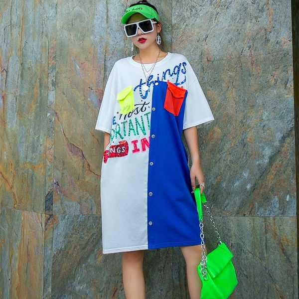 women's t-shirt thailand tide brand 2021 summer cotton beaded sequins hit color round neck short-sleeved mid-length dress women, White
women's t-shirt thailand tide brand 2021 summer cotton beaded sequins hit color round neck short-sleeved mid-length dress women, White