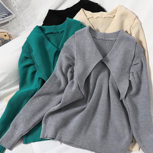 fashion lapel bubble sleeve knitted sweater winter wear korean thin solid color top, White;black
fashion lapel bubble sleeve knitted sweater winter wear korean thin solid color top, White;black