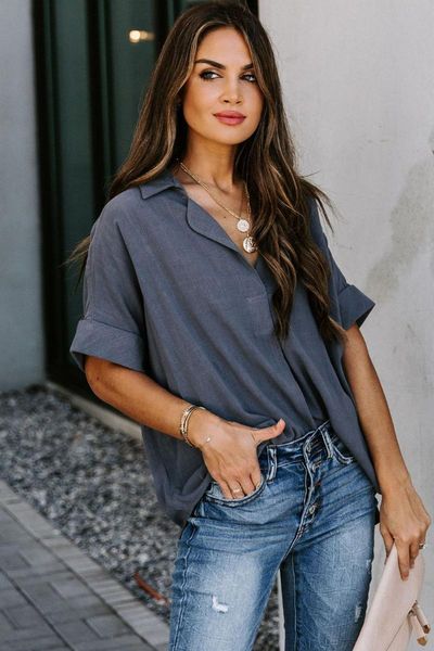 women's blouses & shirts blue/white short sleeve button solid shirt blouse women a split neckline and rolled down on back
women's blouses & shirts blue/white short sleeve button solid shirt blouse women a split neckline and rolled down on back