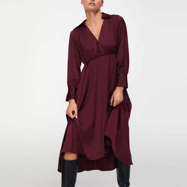 za elegant midi satin dress women long puff sleeve pleated office lady dress female fashion irregular long autumn dresses 210602, Black;gray
za elegant midi satin dress women long puff sleeve pleated office lady dress female fashion irregular long autumn dresses 210602, Black;gray