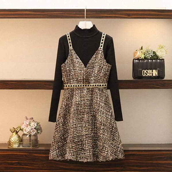 women's tracksuits 2021 plus size fashion chic tweed short dress sweater pullover + fall winter women v-neck strap ol work 2 piece set, Gray 
women's tracksuits 2021 plus size fashion chic tweed short dress sweater pullover + fall winter women v-neck strap ol work 2 piece set, Gray