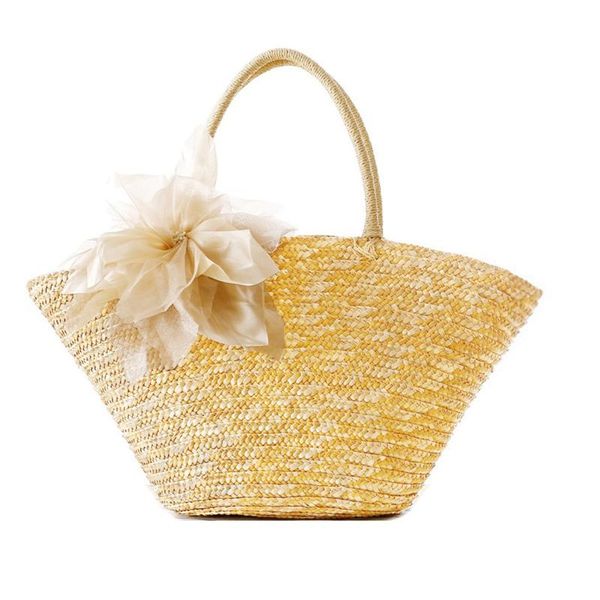 evening bags pastoral style woven straw beach bag with fabulous silk flower(beige)