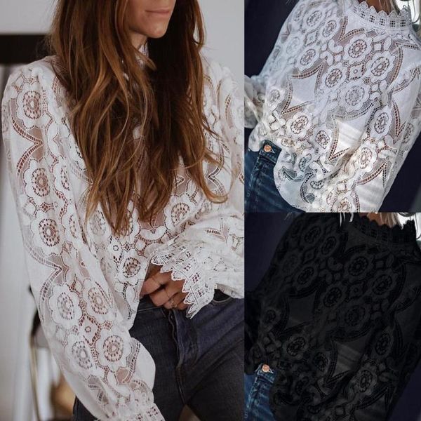 women's blouses & shirts women autumn long sleeve stand collar hollow out see through lace blouse female stylish, White
women's blouses & shirts women autumn long sleeve stand collar hollow out see through lace blouse female stylish, White