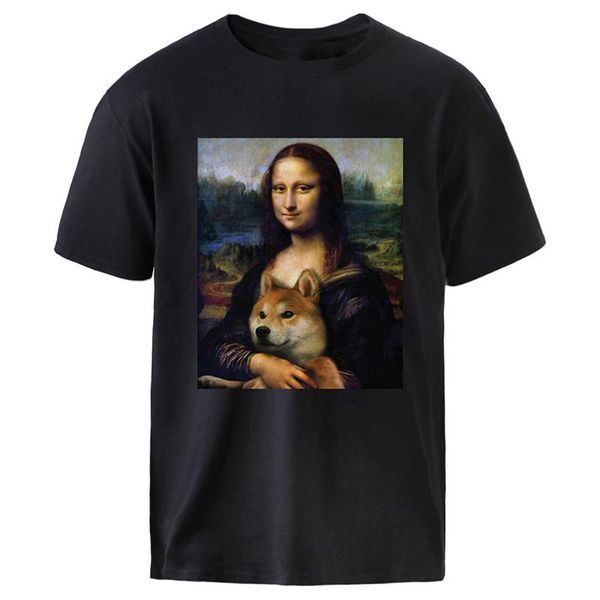 men's t-shirts mona lisa doge funny print men women casual fashion streetwear 100% cotton t shirt highquality tees clothes, White;black