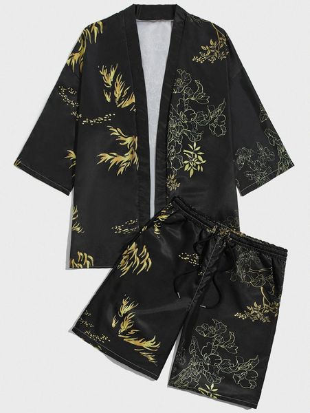 men random floral print open front kimono & shorts o0wp#, Gray 
men random floral print open front kimono & shorts o0wp#, Gray