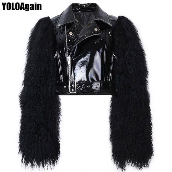 women's leather & faux yoloagain women real fur sleeve short patent biker jacket genuine jakcet, Black
women's leather & faux yoloagain women real fur sleeve short patent biker jacket genuine jakcet, Black