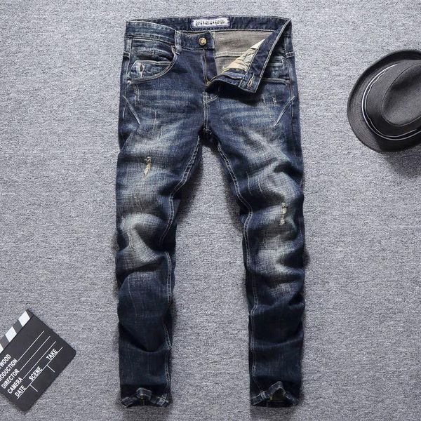 men's jeans european street fashion men retro dark blue elastic slim fit ripped spliced designer vintage denim punk pants
men's jeans european street fashion men retro dark blue elastic slim fit ripped spliced designer vintage denim punk pants