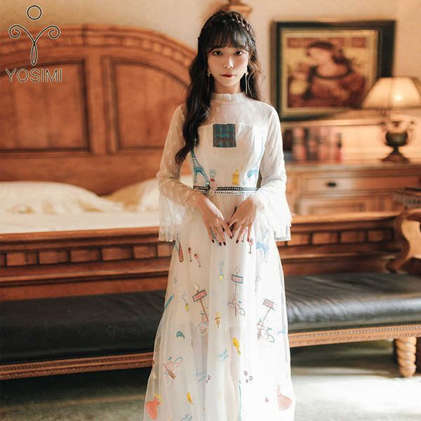 yosimi long women dress summer vintage champagne mesh cartoon embroidery stand-neck sleeve lace evening party dresses 210604, Black;gray 
yosimi long women dress summer vintage champagne mesh cartoon embroidery stand-neck sleeve lace evening party dresses 210604, Black;gray