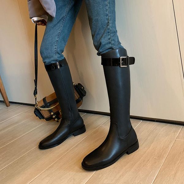 boots qzyerai winter round toe cow leather knight metal buckle decoration keep warm thick low heels riding knee-high, Black
boots qzyerai winter round toe cow leather knight metal buckle decoration keep warm thick low heels riding knee-high, Black