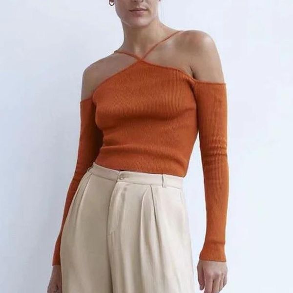 women's sweaters stylish halter without shoulder sweater stretchy design long sleeve female chic knitted girl short top, White;black
women's sweaters stylish halter without shoulder sweater stretchy design long sleeve female chic knitted girl short top, White;black