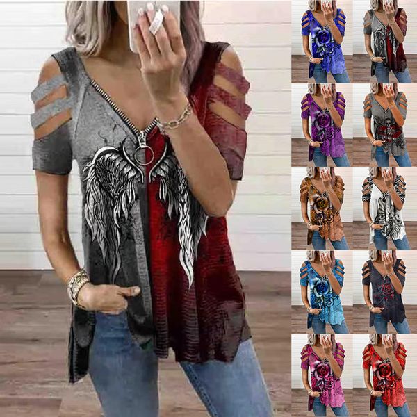 2021 women's casual zip chain v collar open short-sleeved color print ladi t-shirt, White
2021 women's casual zip chain v collar open short-sleeved color print ladi t-shirt, White