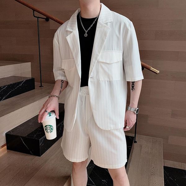 men's tracksuits black/white 2pieces korean summer short sleeve striped suit sets front pockets decor loose casual blazer jacket + shor, Gray
men's tracksuits black/white 2pieces korean summer short sleeve striped suit sets front pockets decor loose casual blazer jacket + shor, Gray