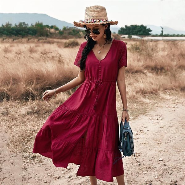 drawstring short sleeve summer womens dresses hollow out vintage beach boho women casual loose midi elegant robe, Black;gray
drawstring short sleeve summer womens dresses hollow out vintage beach boho women casual loose midi elegant robe, Black;gray