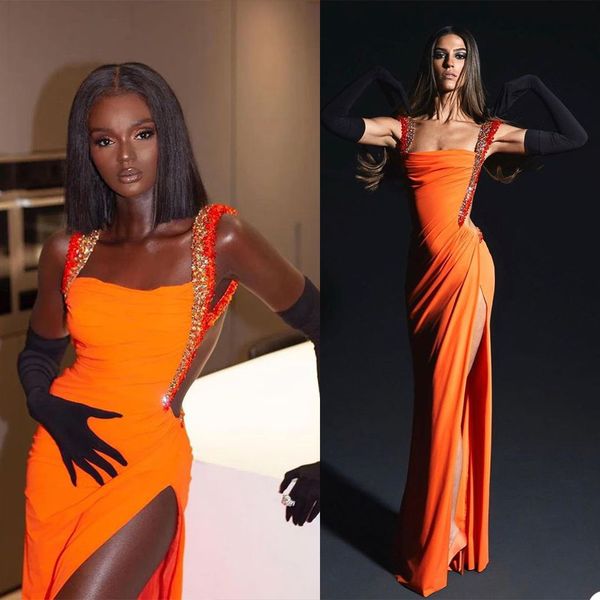 2021 fashion orange evening dresses side split crystal straps formal prom gowns backless long party dress, Black;red
2021 fashion orange evening dresses side split crystal straps formal prom gowns backless long party dress, Black;red