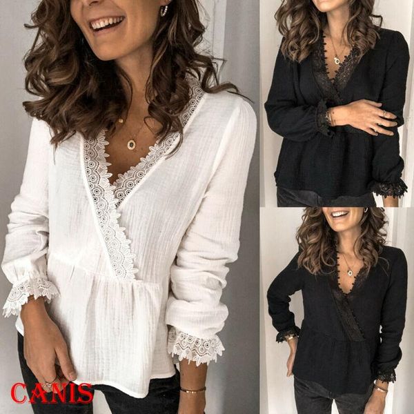 women's t-shirt trendy women lace v neck t-shirts stitching long sleeve loose cross casual ladies tunic streetwear, White
women's t-shirt trendy women lace v neck t-shirts stitching long sleeve loose cross casual ladies tunic streetwear, White