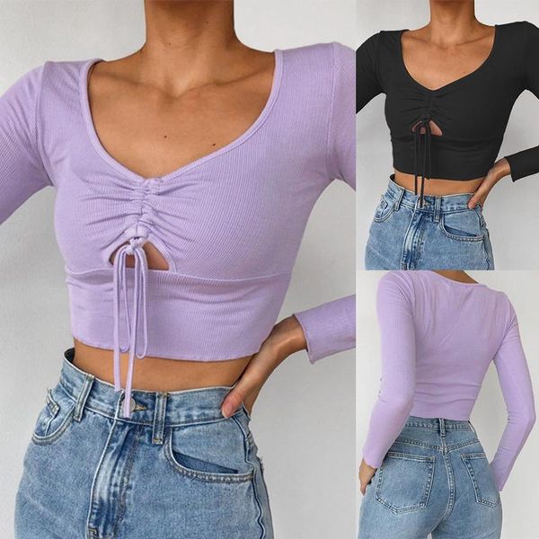 women's t-shirt autumn women casual knitted long sleeve v neck cut out drawstring front clothes, White
women's t-shirt autumn women casual knitted long sleeve v neck cut out drawstring front clothes, White