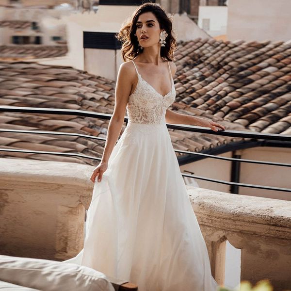 2021 new appliques lace boho beach wedding simple v-neck spaghetti straps bride court train chiffon vestido casament dhvr, White
2021 new appliques lace boho beach wedding simple v-neck spaghetti straps bride court train chiffon vestido casament dhvr, White