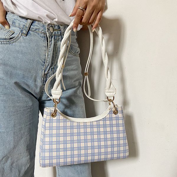 women 2020 new portable plaid shoulder crossbody bag retro braided strap underarm bag double shoulder strap baguette bag handbag c0225