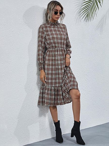 casual dresses 2021 autumn women's fashion high neck plaid big swing long sleeve dress, Black;gray
casual dresses 2021 autumn women's fashion high neck plaid big swing long sleeve dress, Black;gray