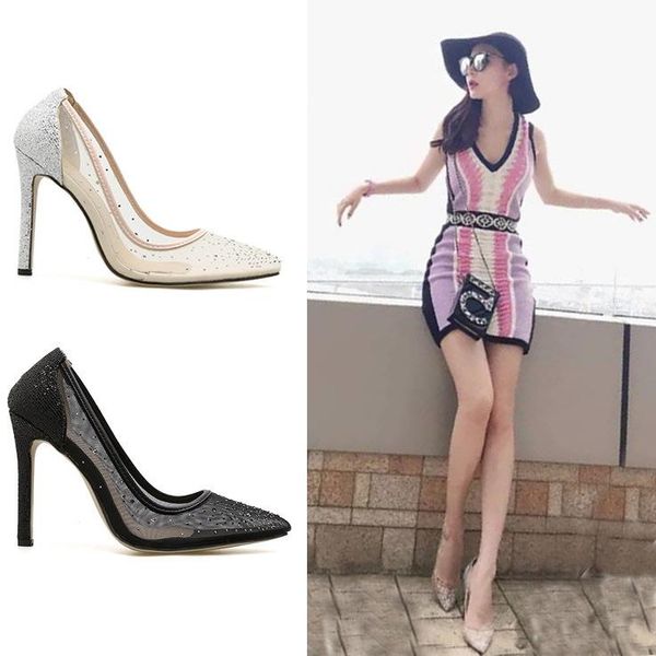 shallow heel high-heeled women's shoes autumn rhinestone mesh pointed, Black