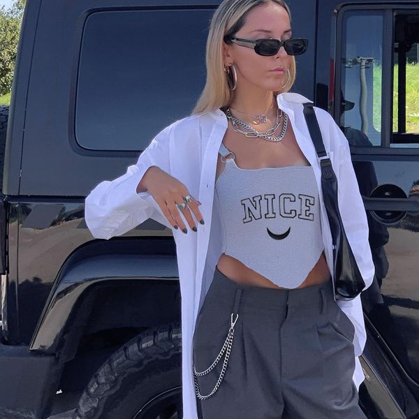 2021 new arrivals summer fashion cotton spaghetti strap slash neck letter gray high street women camis, White
2021 new arrivals summer fashion cotton spaghetti strap slash neck letter gray high street women camis, White