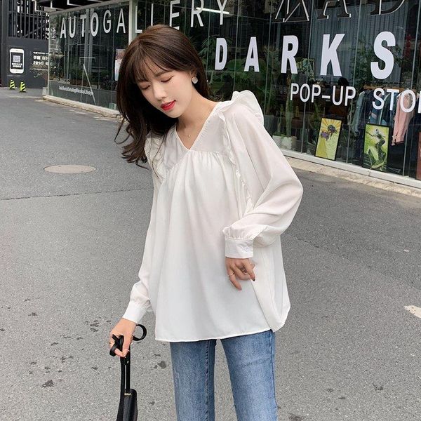 women's polos to film the spot with spring han edition pure color v-neck long-sleeve shirt female shirts, White
women's polos to film the spot with spring han edition pure color v-neck long-sleeve shirt female shirts, White
