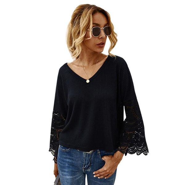women's t-shirt women splicing lace long sleeve v-neck solid pullover, White 
women's t-shirt women splicing lace long sleeve v-neck solid pullover, White
