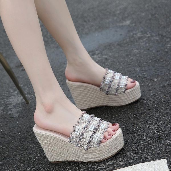 women sandal summer pearl embellishment sequins wedges rope weaving platform slippers, Black 
women sandal summer pearl embellishment sequins wedges rope weaving platform slippers, Black