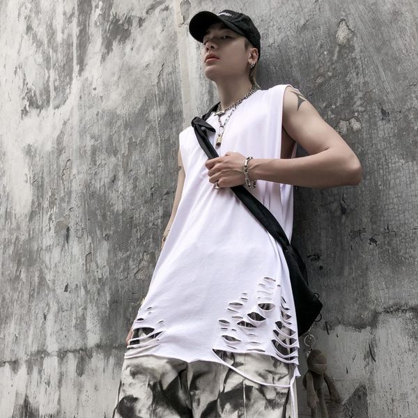 men's summer high street fashion cut and damaged medium length loose sleeveless t-shirt, White;black
men's summer high street fashion cut and damaged medium length loose sleeveless t-shirt, White;black
