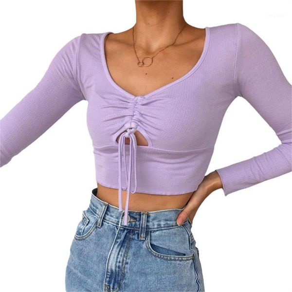 women long sleeve v-neck fashion lace-up solid color crop for ladies women's blouses & shirts, White
women long sleeve v-neck fashion lace-up solid color crop for ladies women's blouses & shirts, White