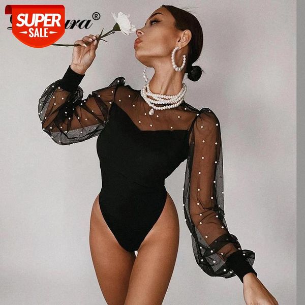 dulzura pearl patchwork mesh lantern sleeve bodysuit o neck bodycon streetwear party elegant 2020 autumn winter club body #s80g, White 
dulzura pearl patchwork mesh lantern sleeve bodysuit o neck bodycon streetwear party elegant 2020 autumn winter club body #s80g, White