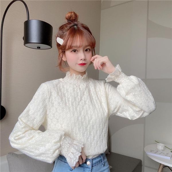 women's t-shirt lace base plus velvet thickening autumn and winter half high neck, White
women's t-shirt lace base plus velvet thickening autumn and winter half high neck, White