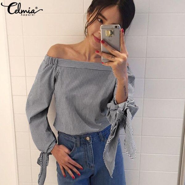 fashion women blouses celmia women striped shirts off shoulder summer casual elegant office blusas feminins plus size, White
fashion women blouses celmia women striped shirts off shoulder summer casual elegant office blusas feminins plus size, White